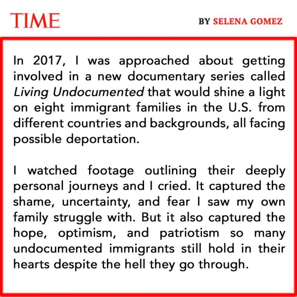 @selenagomez wrote a powerful editorial for @time about the immigration issue and her involvement in our series @living_undocumented. (Excerpt on the next image.) Series launches globally tomorrow on @netflix. Please check it out.
